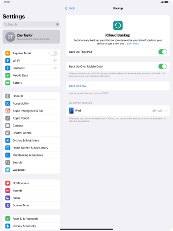 Press Back Up Now and wait while the tablet memory is backed up.