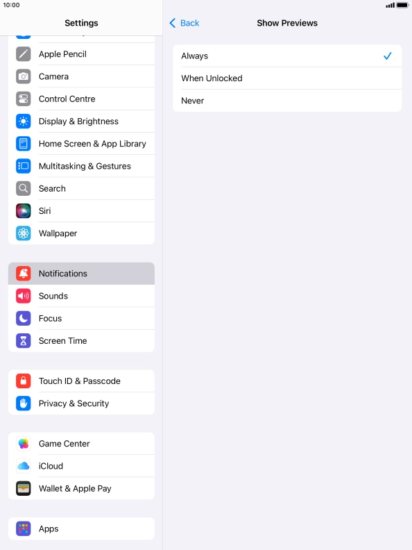 To select notification preview on the lock screen, press Always.