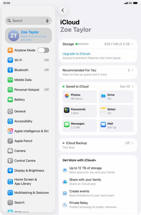 Press iCloud Backup.