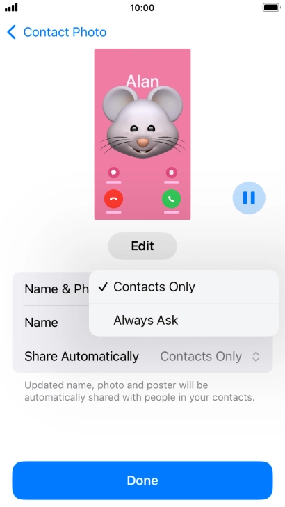 Press the required setting.