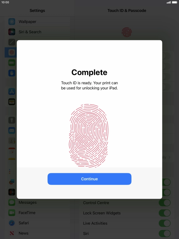 Press Continue. If you haven't previously selected a lock code, key in a code of your own choice twice.