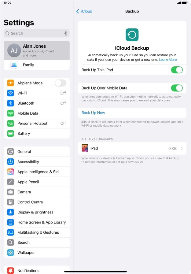 Press Back Up Now and wait while the tablet memory is backed up.