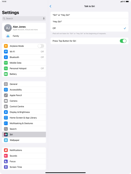 Press the required setting to turn the function on or off. If you turn on the function, you need to follow the instructions on the screen to set up Siri to recognise your voice. Press the required setting to turn the function on or off. If you turn on the function, you need to follow the instructions on the screen to set up Siri to recognise your voice.