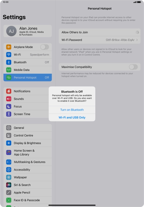If Wi-Fi is turned on, press Wi-Fi and USB Only.