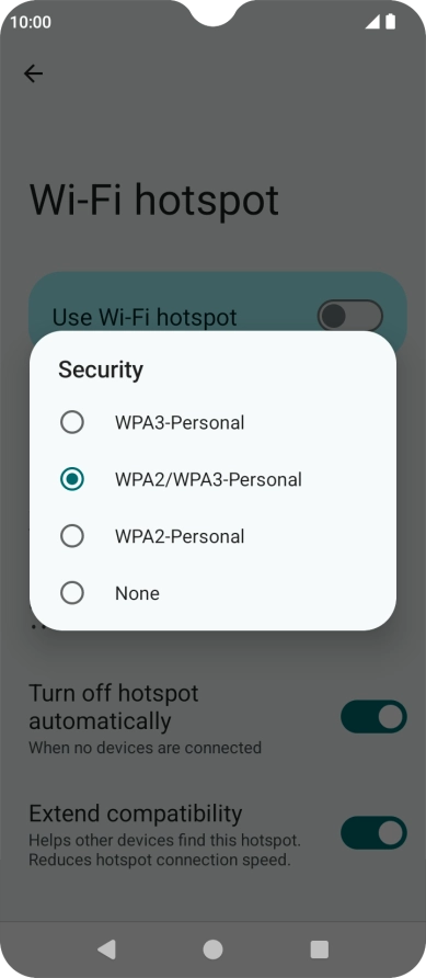 Press WPA3-Personal to password protect your Wi-Fi hotspot. Press WPA3-Personal to password protect your Wi-Fi hotspot.