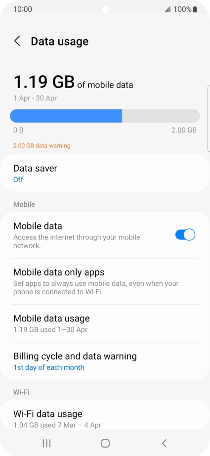 The total data usage is displayed. The total data usage is displayed.