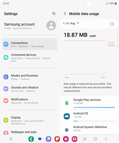 The data usage for each application is displayed below the name of the application. The data usage for each application is displayed below the name of the application.
