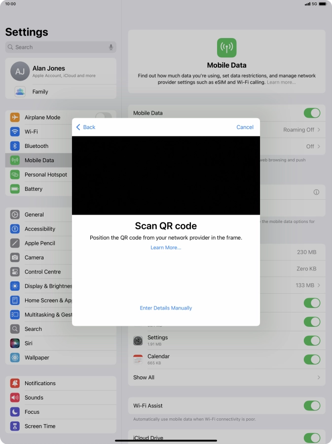 Place the QR code you've received inside the tablet camera frame to scan the code. Your eSIM is transferred to your new tablet over the internet.