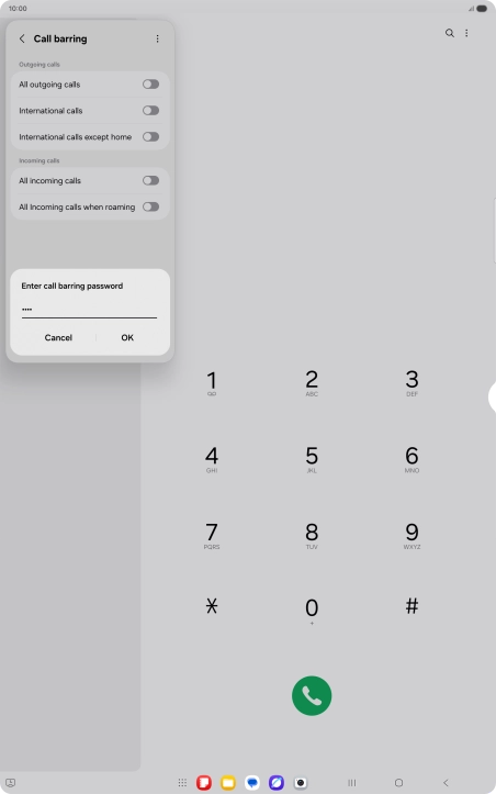 Key in your barring password and press OK. The default barring password is 1919.