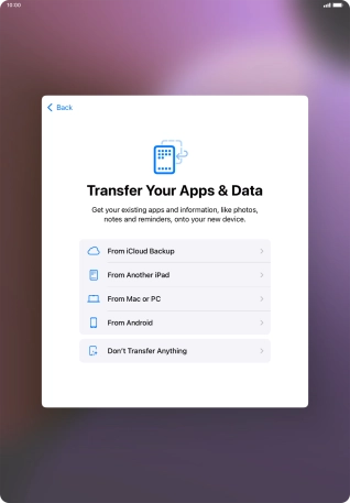 When this screen is displayed, your tablet is ready to restore content from an iCloud backup.