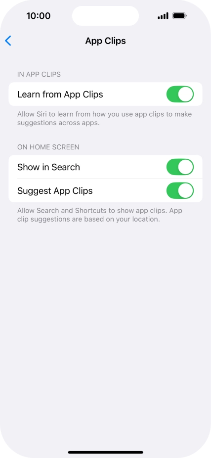Press the indicators next to the required settings to turn them on or off.