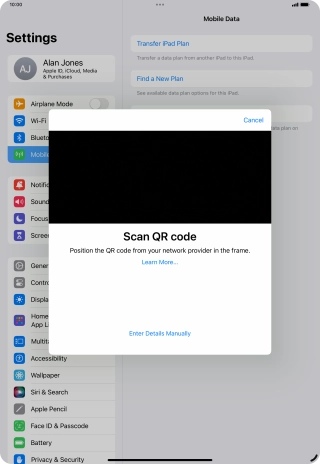Place the QR code you've received inside the tablet camera frame to scan the code. Your eSIM is transferred to your new tablet over the internet.