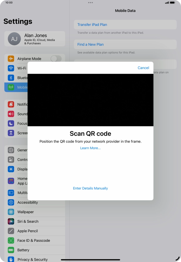 Place the QR code you've received inside the tablet camera frame to scan the code. Your eSIM is transferred to your new tablet over the internet.