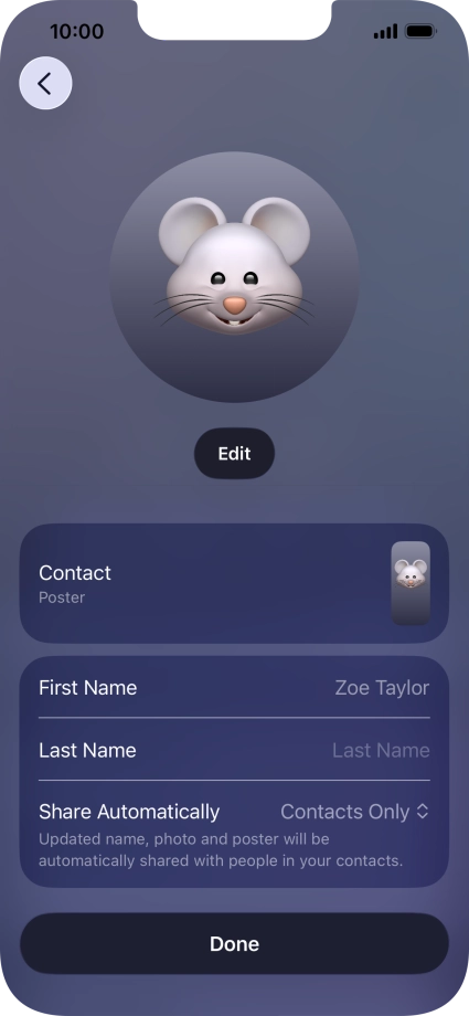 Press the name fields and follow the instructions on the screen to edit your name on the Contact Poster.