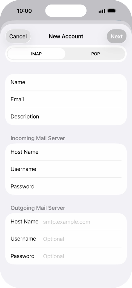 Press Host Name and key in the name of your email provider's outgoing server. Press Host Name and key in the name of your email provider's outgoing server.