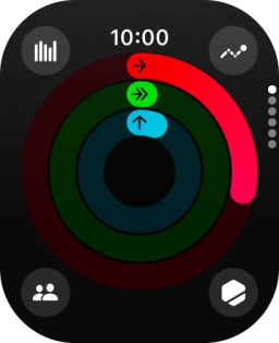 The screen will tell you how far you are from completing your daily activity goals. When the coloured rings are closed, you've reached the goals of your daily activity. The screen will tell you how far you are from completing your daily activity goals. When the coloured rings are closed, you've reached the goals of your daily activity.