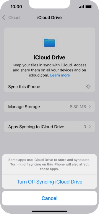 If you turn off the function, press Turn Off Syncing iCloud Drive. If you turn off the function, press Turn Off Syncing iCloud Drive.