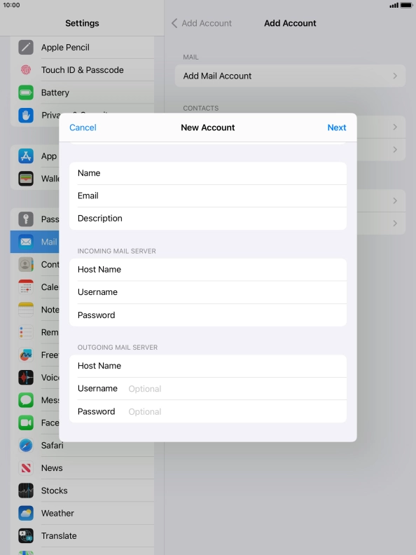 Press Username and key in the username for your email account.