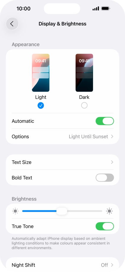 If you turn on the function, press Options and follow the instructions on the screen to select the required period of time for Dark Mode.