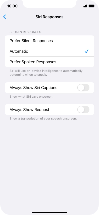 Press the required setting.
