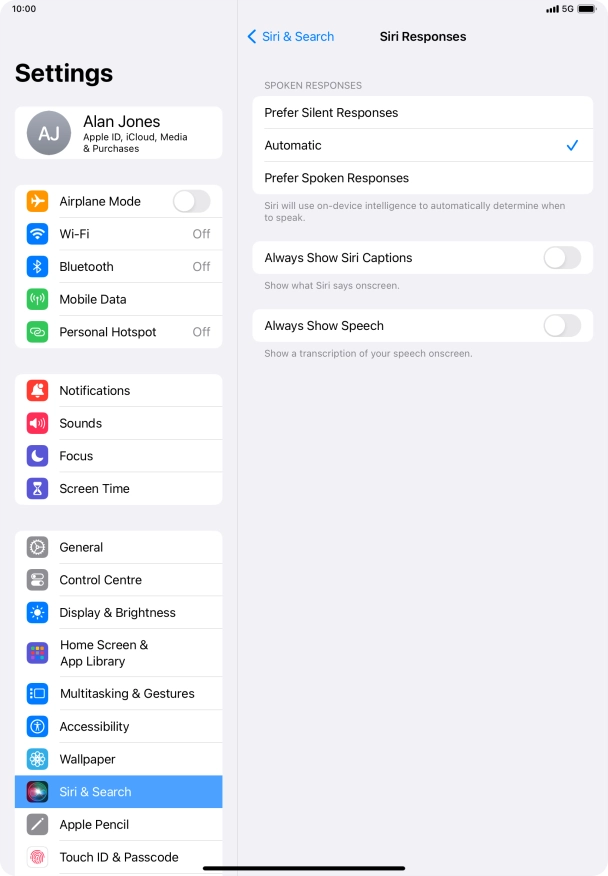 Press the required setting. Press the required setting.