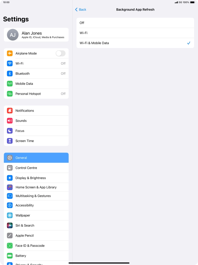 To turn off background refresh of apps, press Off. To turn off background refresh of apps, press Off.