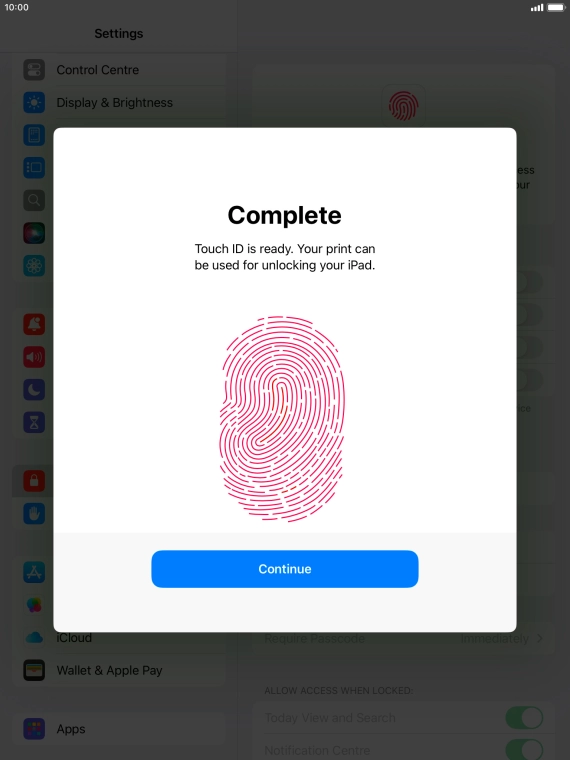 Press Continue. If you haven't previously selected a lock code, key in a code of your own choice twice.