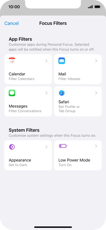 To see specific calendars in the selected focus mode, press Calendar and follow the instructions on the screen to select the required calendars.