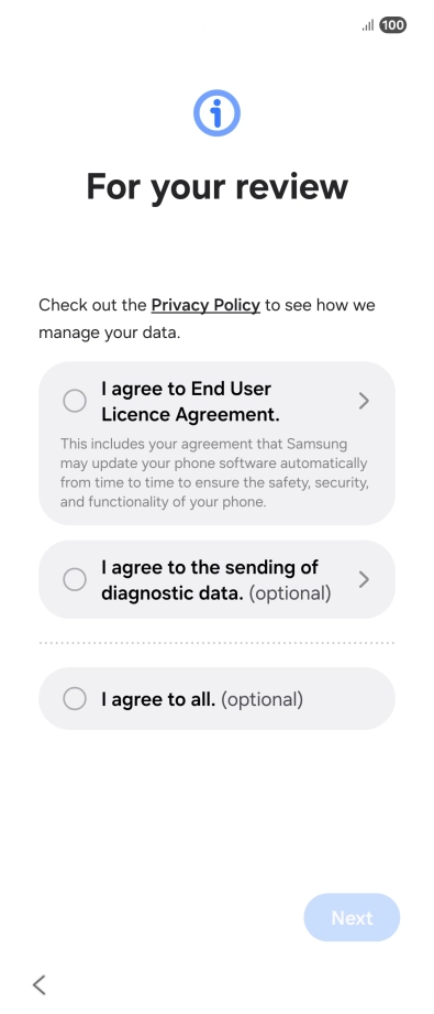 Press the fields next to the required settings to select them. Press the fields next to the required settings to select them.