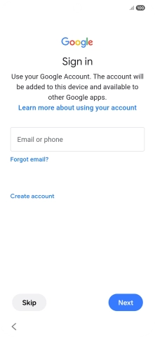 Press Email or phone and key in the username for your Google account. Press Email or phone and key in the username for your Google account.