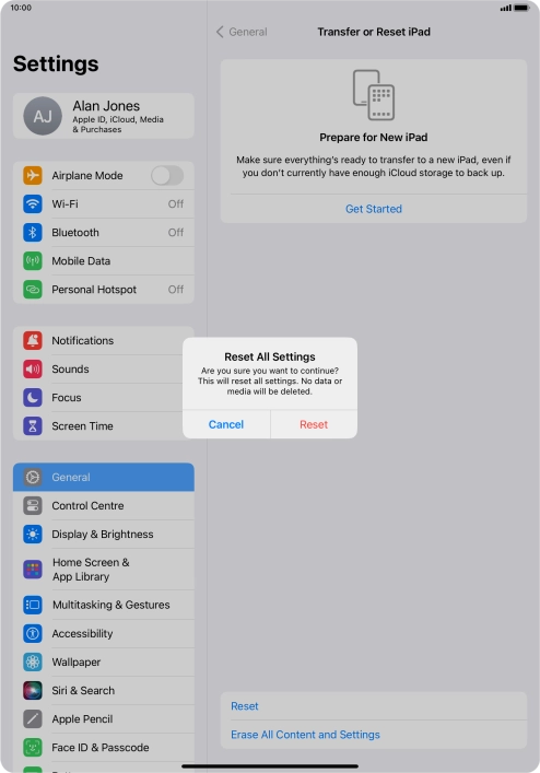 Press Reset. Wait a moment while the factory default settings are restored. Follow the instructions on the screen to set up your tablet and prepare it for use.
