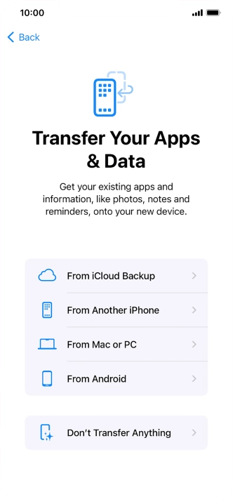 You can transfer content from an Android phone when your phone is activated for the first time and after a factory reset. When this screen is displayed, your phone is ready to transfer content from an Android phone. You can transfer content from an Android phone when your phone is activated for the first time and after a factory reset. When this screen is displayed, your phone is ready to transfer content from an Android phone.