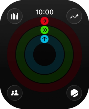 The screen will tell you how far you are from completing your daily activity goals. When the coloured rings are closed, you've reached the goals of your daily activity. The screen will tell you how far you are from completing your daily activity goals. When the coloured rings are closed, you've reached the goals of your daily activity.