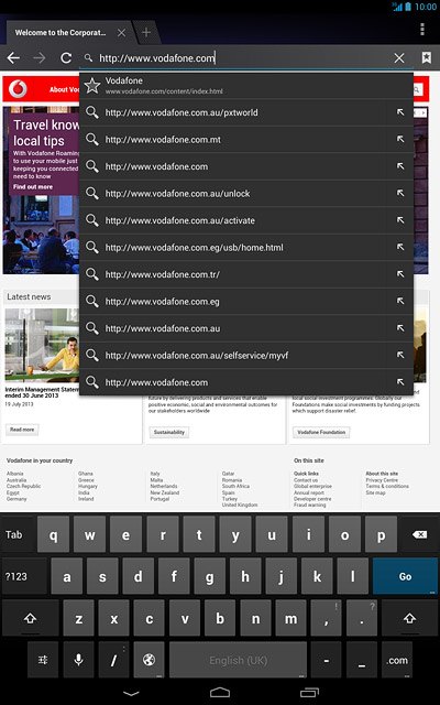 Key in the address of the required web page and press Go.