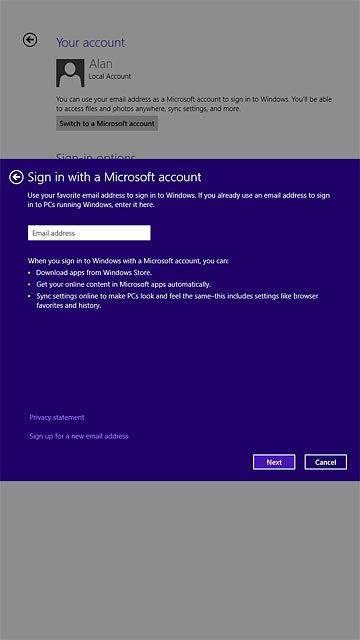 Press Email address and key in the email address for your Microsoft account.