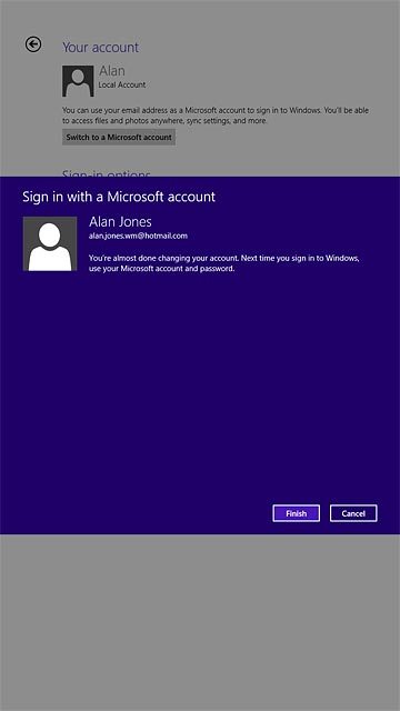Press Finish.Wait a moment while your Microsoft account is activated.