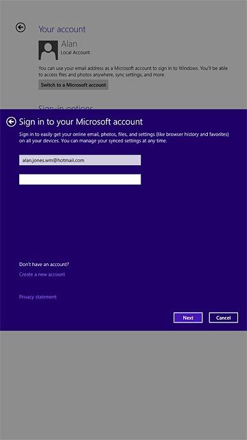 Press the field below your email address and key in the password for your Microsoft account.