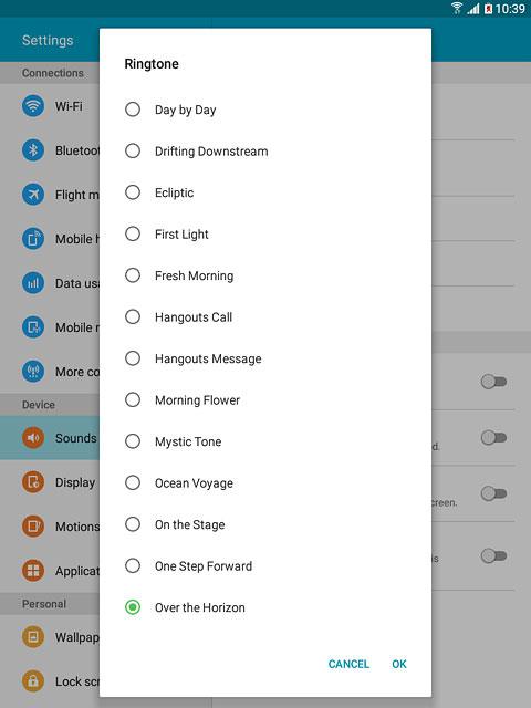 To use one of your tablet's default ring tones:Press the different ringtones to listen to them.