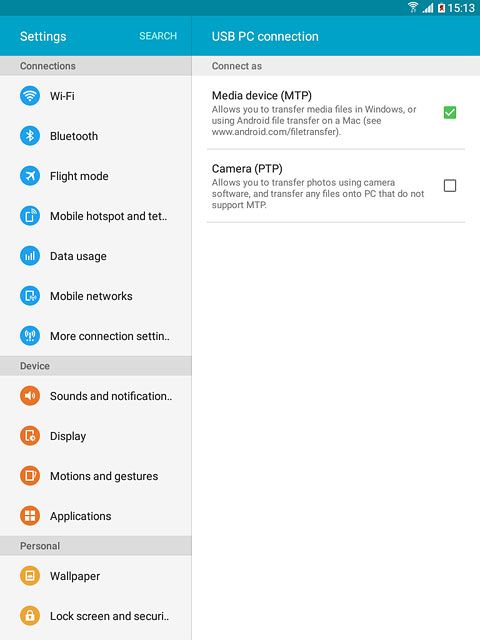 Press Media device (MTP) until the function is turned on.