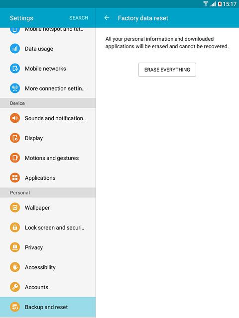 Press ERASE EVERYTHING.Wait a moment while the factory default settings are restored.Follow the instructions on the display to set up your tablet and prepare it for use.