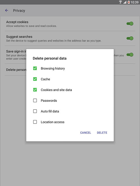Press Cache and Cookies and site data to select browser data.