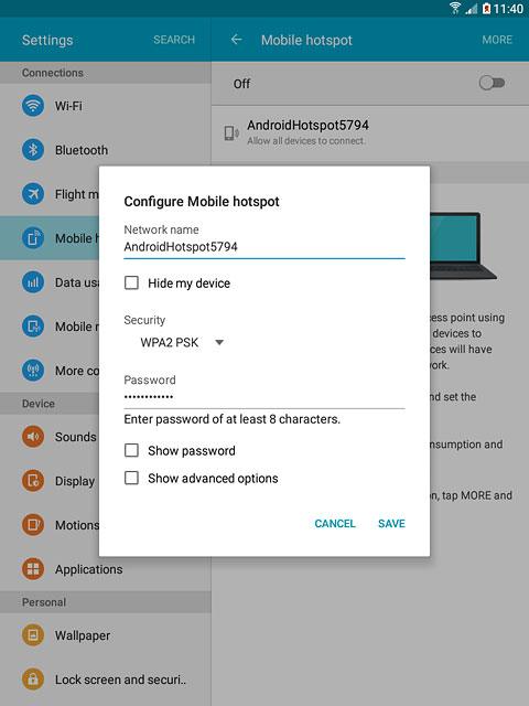 Key in the required name for the Wi-Fi hotspot.Press the drop down list below 