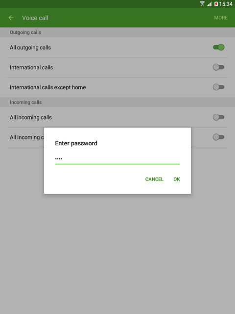 Key in your barring password (default is 1919) and press OK to turn the function on or off.