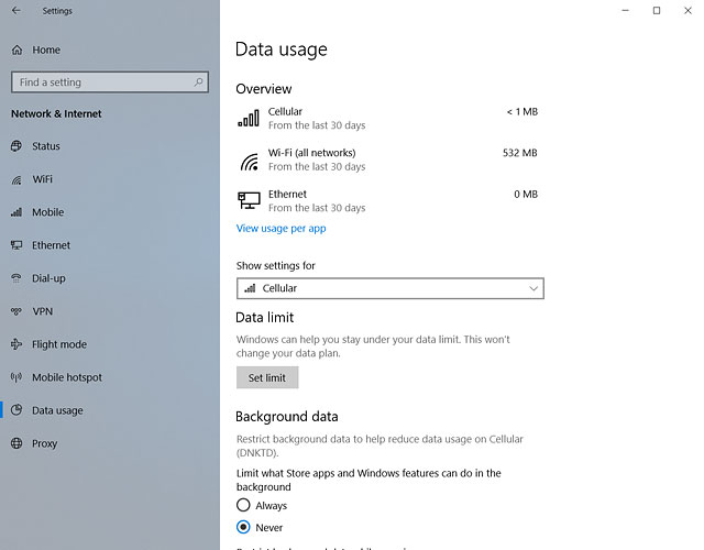 The data usage is displayed next to Cellular.
