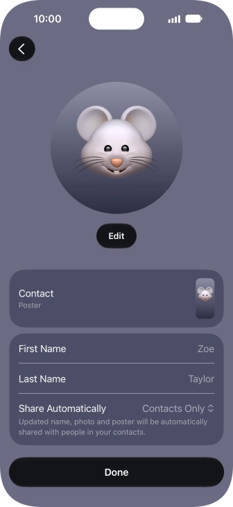 Press the name fields and follow the instructions on the screen to edit your name on the Contact Poster.