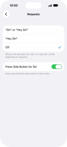Press the required setting to turn the function on or off. If you turn on the function, you need to follow the instructions on the screen to set up Siri to recognise your voice.