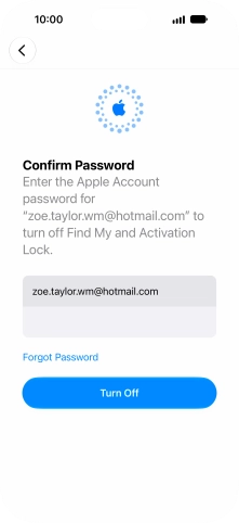 Key in the password for your Apple Account and press Turn Off. Wait a moment while the factory default settings are restored. Follow the instructions on the screen to set up your phone and prepare it for use.