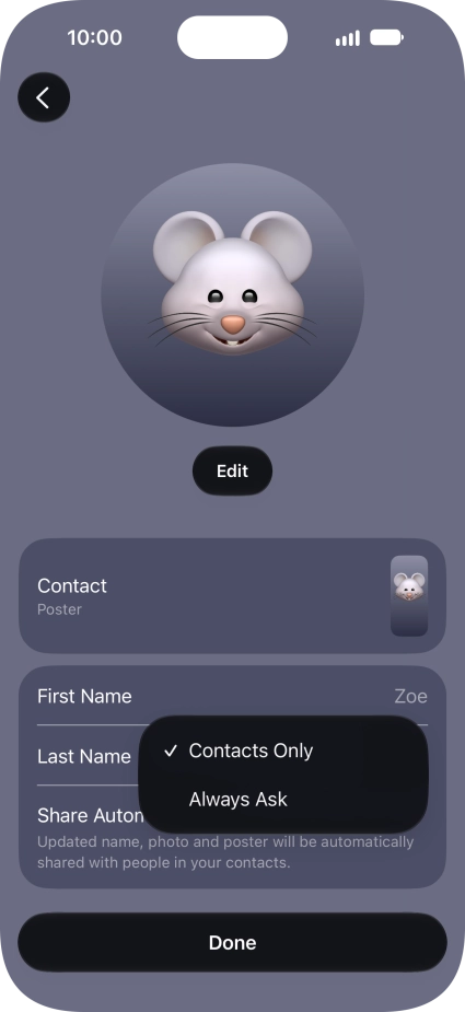 Press the required setting.