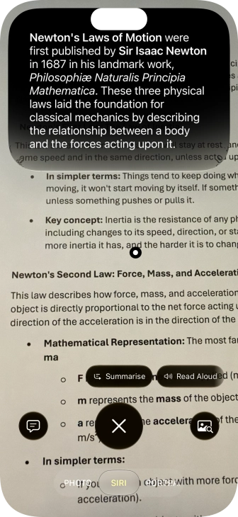 To use visual intelligence on a text, take a picture of the text, press the required setting and follow the instructions on the screen to use the function.