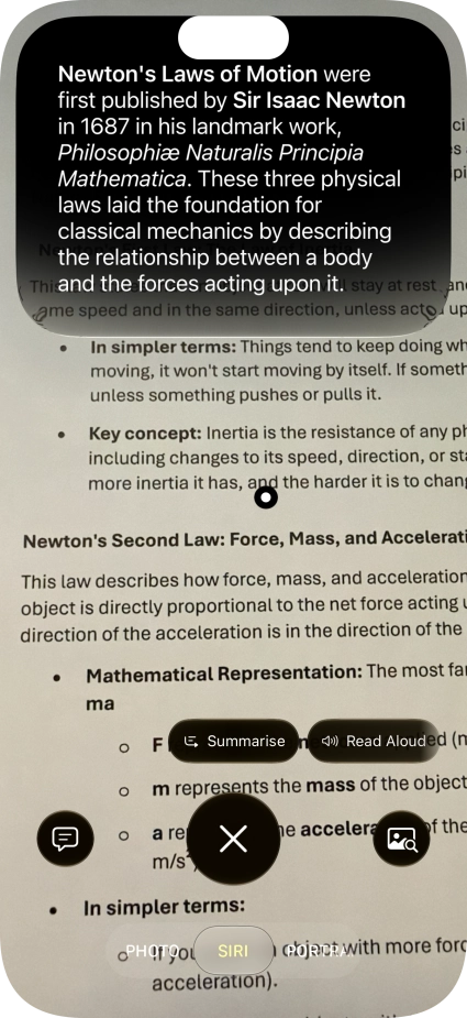 To use visual intelligence on a text, take a picture of the text, press the required setting and follow the instructions on the screen to use the function.